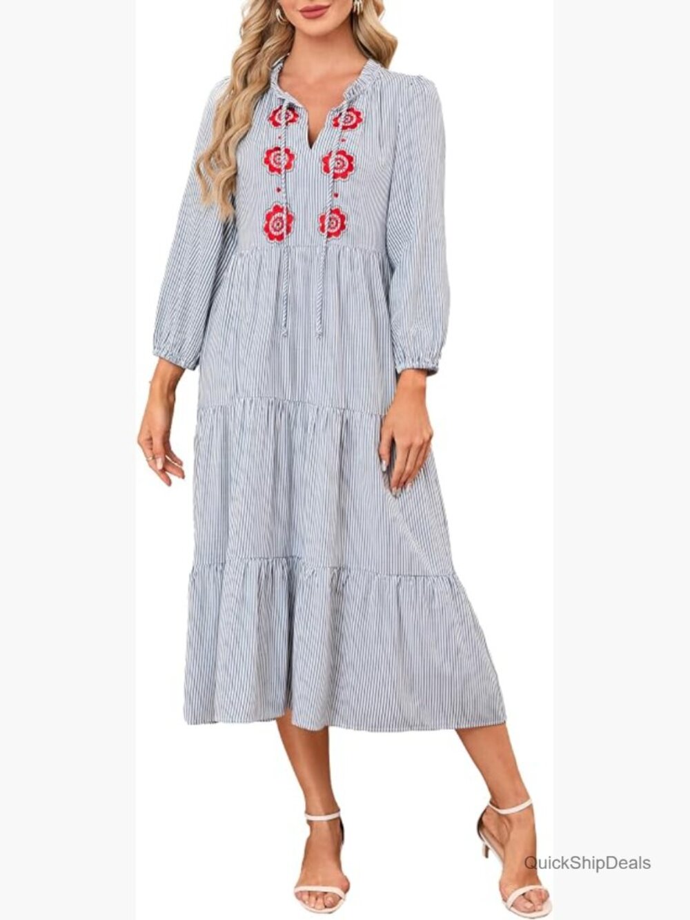 Striped Floral Embroidery Maxi Dress with Pockets Boho Tie Neck Flowy Tiered
